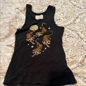 Free People Vintage Souls Ribbed Black Tank Top with Tiger Print